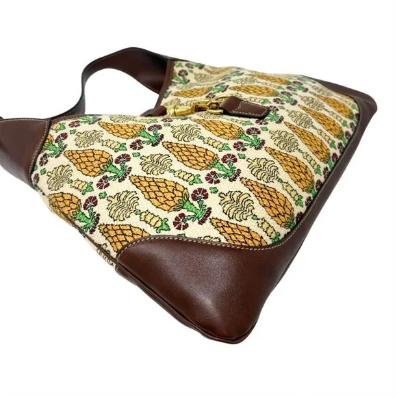 GUCCI Vintage Jackie Pigna Pineapple Jacquard Shoulder Bag Brown Yellow [106290] - Picture 7 of 13